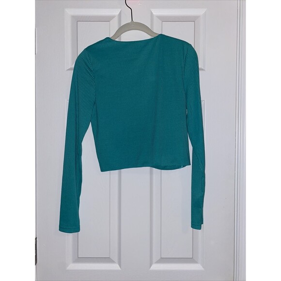 Superdown Top Teal Emerald Twist Front Ribbed Long Sleeve Crop Small Revolve - Picture 8 of 8